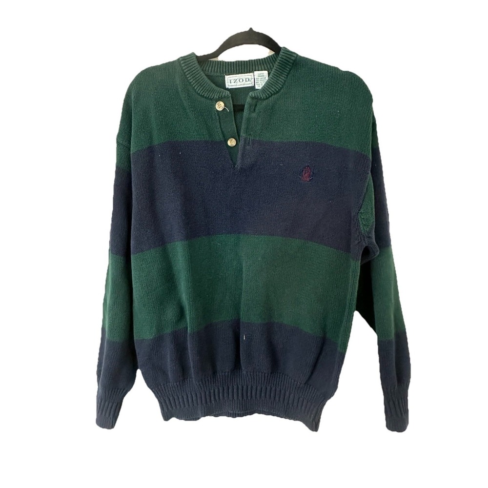 Vintage IZOD Mens 100% Cotton Striped Knit Henley Sweater Green/Navy Blue Large